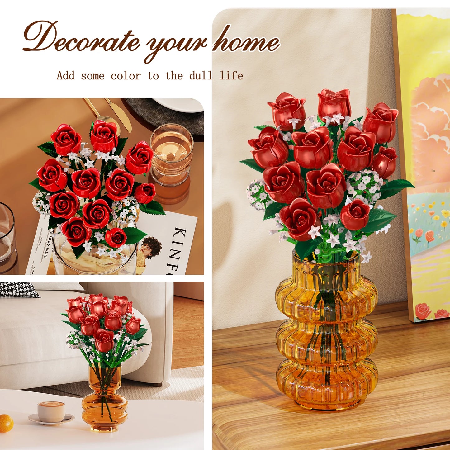 DIY Creative Building Blocks Assembly Series Red Rose Simulation Flower Bouquets Models Gifts Children's Holiday Bricks Toys