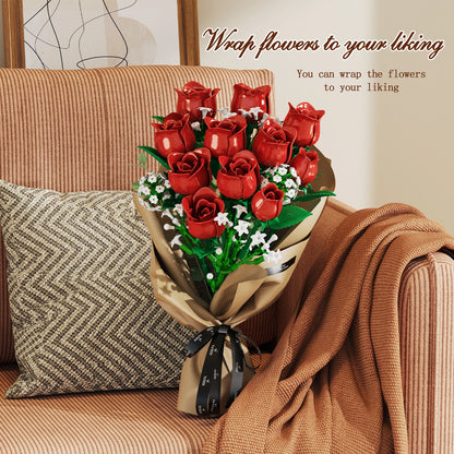 DIY Creative Building Blocks Assembly Series Red Rose Simulation Flower Bouquets Models Gifts Children's Holiday Bricks Toys