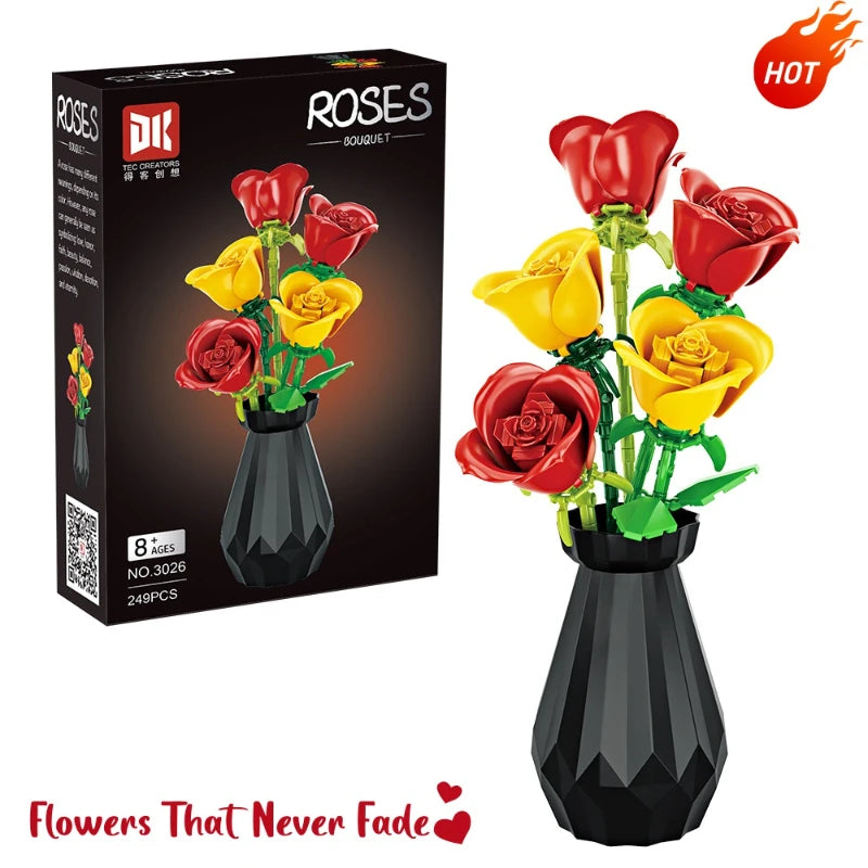 Buildable Rose Flower Blocks - Durable Floral Construction Kit, Perfect for Desk Ornament, Never Fade Roses, 8+ Years Old