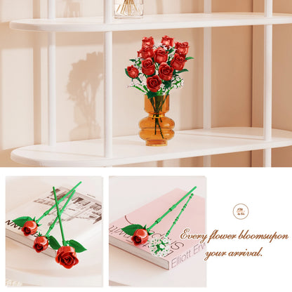 DIY Creative Building Blocks Assembly Series Red Rose Simulation Flower Bouquets Models Gifts Children's Holiday Bricks Toys