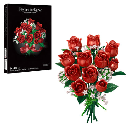 DIY Creative Building Blocks Assembly Series Red Rose Simulation Flower Bouquets Models Gifts Children's Holiday Bricks Toys