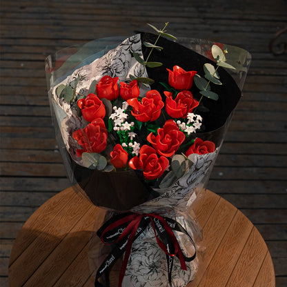 DIY Creative Building Blocks Assembly Series Red Rose Simulation Flower Bouquets Models Gifts Children's Holiday Bricks Toys
