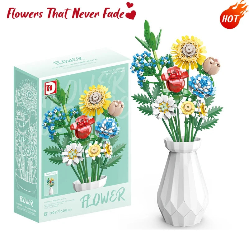 Buildable Rose Flower Blocks - Durable Floral Construction Kit, Perfect for Desk Ornament, Never Fade Roses, 8+ Years Old