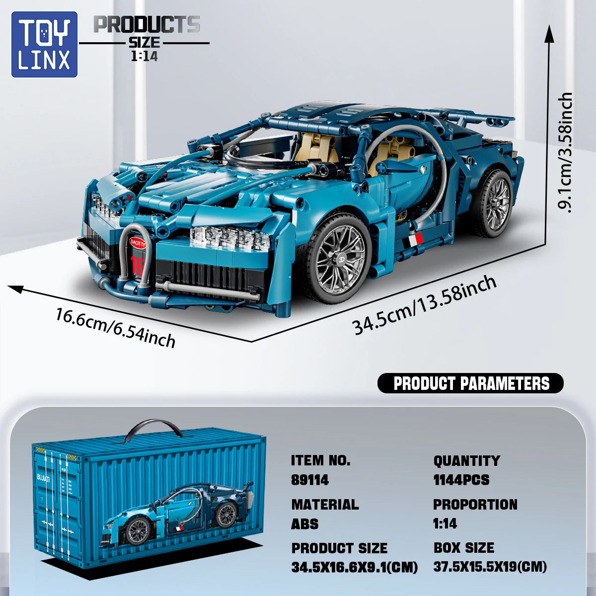 1:14 Blue Bugatti Car 1144PCS Building Blocks and Toy Construction Model Set for Kids Adults Christmas Easter Or Halloween Gift