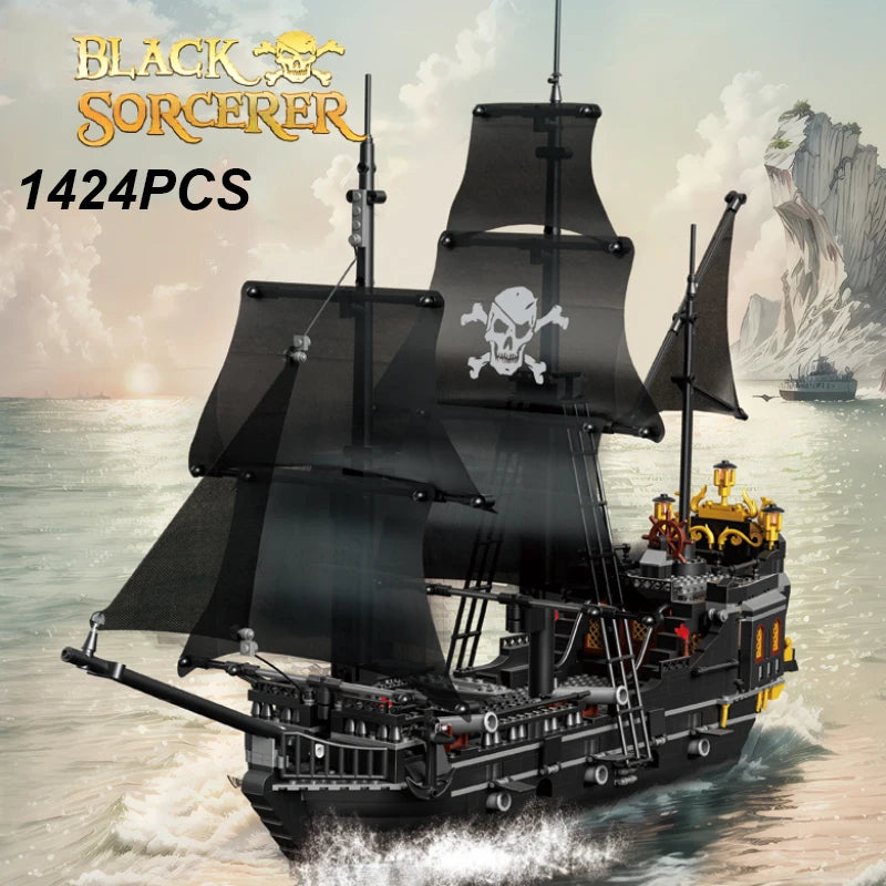 1424PCS Black Pirate Ship Building Blocks Skeleton Ghost Boat Model Assembly Bricks Toys Desktop Decoration Kids Holiday Gifts