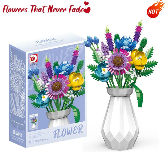 Buildable Rose Flower Blocks - Durable Floral Construction Kit, Perfect for Desk Ornament, Never Fade Roses, 8+ Years Old