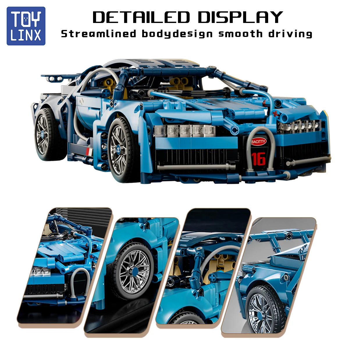 1:14 Blue Bugatti Car 1144PCS Building Blocks and Toy Construction Model Set for Kids Adults Christmas Easter Or Halloween Gift