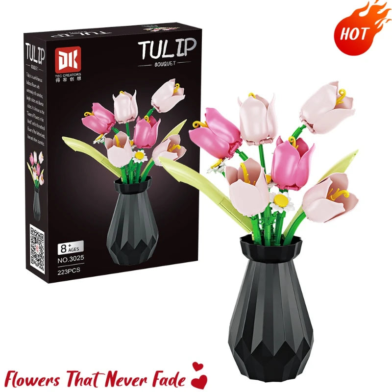 Buildable Rose Flower Blocks - Durable Floral Construction Kit, Perfect for Desk Ornament, Never Fade Roses, 8+ Years Old